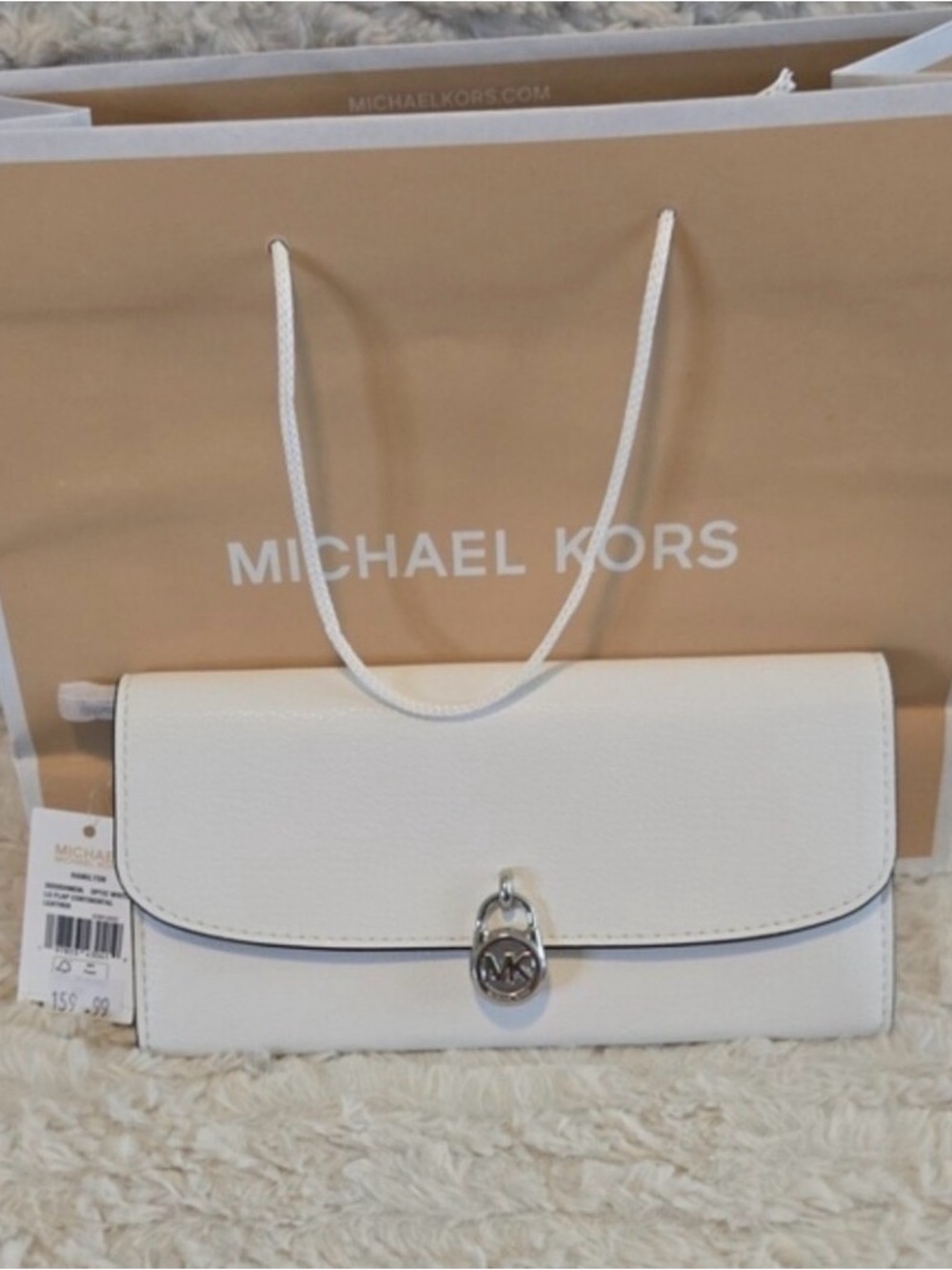 Michael Kors White Pebbled Leather Wallet with Silver MK Charm